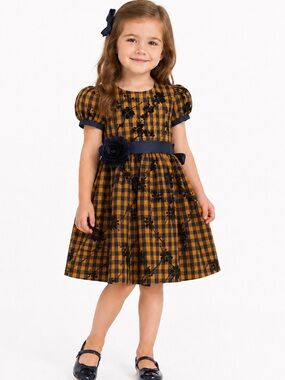 Joe-Ella Brianna Floral Plaid Party Dress Navy Gold Size 3
